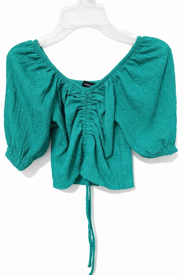 Emerald Green & Light Taupe Puff Sleeve Crop Top - photo 4