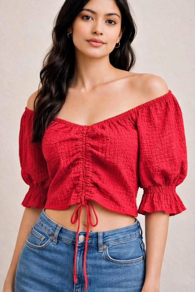 Red Off-Shoulder Puff Sleeve Top