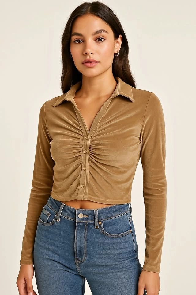 Stylish Ruched golden brown blouse - Size S
