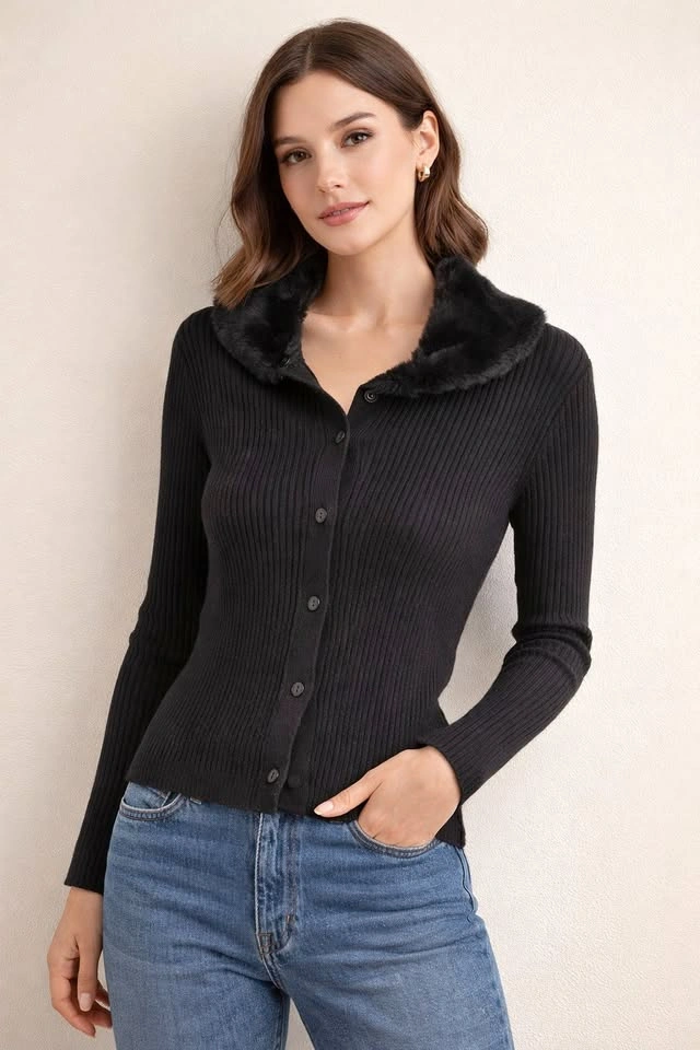 Black Ribbed Knit Top with Faux Fur Collar – Elegant & Chic