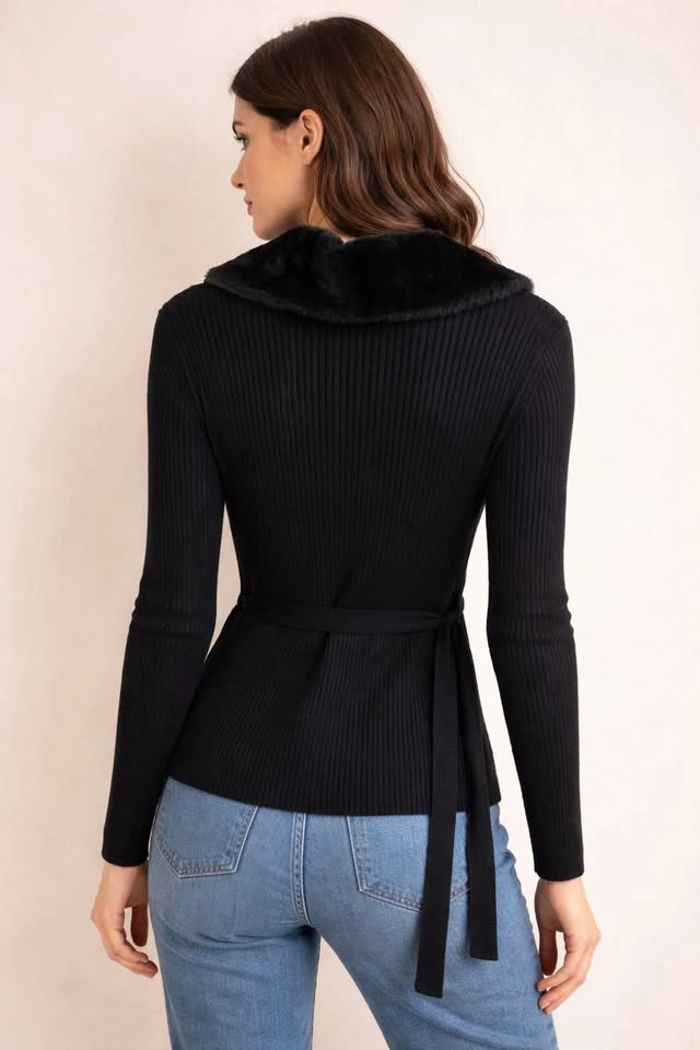 Black Ribbed Knit Top with Faux Fur Collar – Elegant & Chic - photo 2