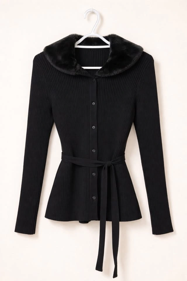 Black Ribbed Knit Top with Faux Fur Collar – Elegant & Chic - photo 3