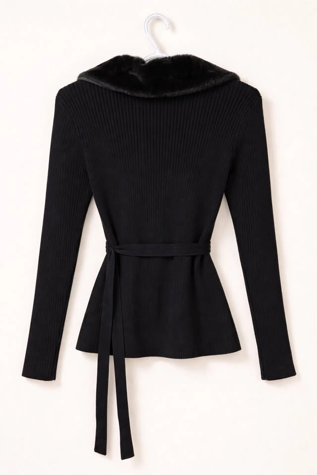 Black Ribbed Knit Top with Faux Fur Collar – Elegant & Chic - photo 4