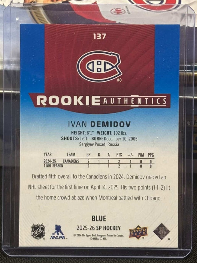 Rookie Authentics Ivan Demidov 25/26 Upper Deck SP - photo 3