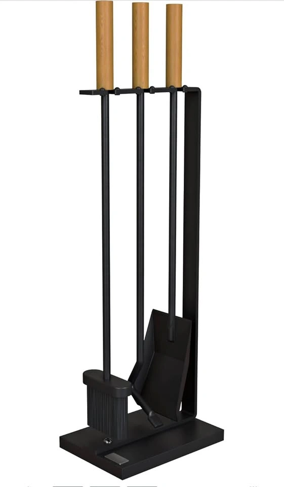 Modern Fireplace Tool Set with Wood Handles (3-Piece + Stand)