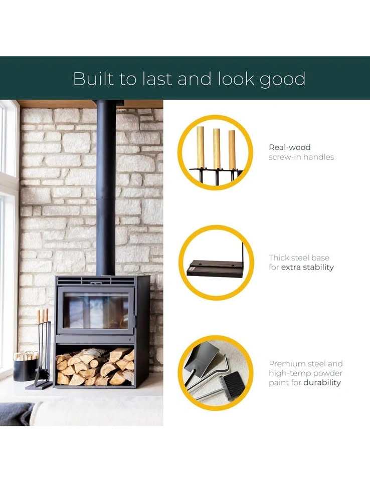 Modern Fireplace Tool Set with Wood Handles (3-Piece + Stand) - photo 2