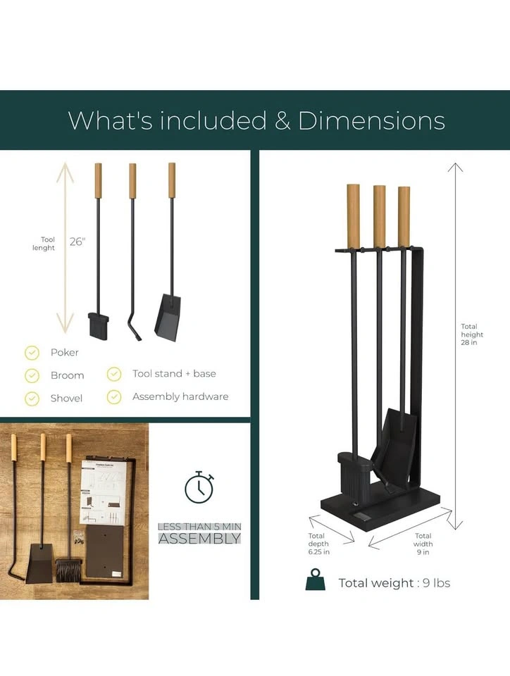 Modern Fireplace Tool Set with Wood Handles (3-Piece + Stand) - photo 3