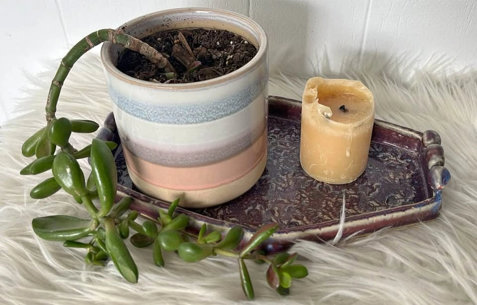 Handcrafted Purple Pottery Tray - Organic Leaf Texture