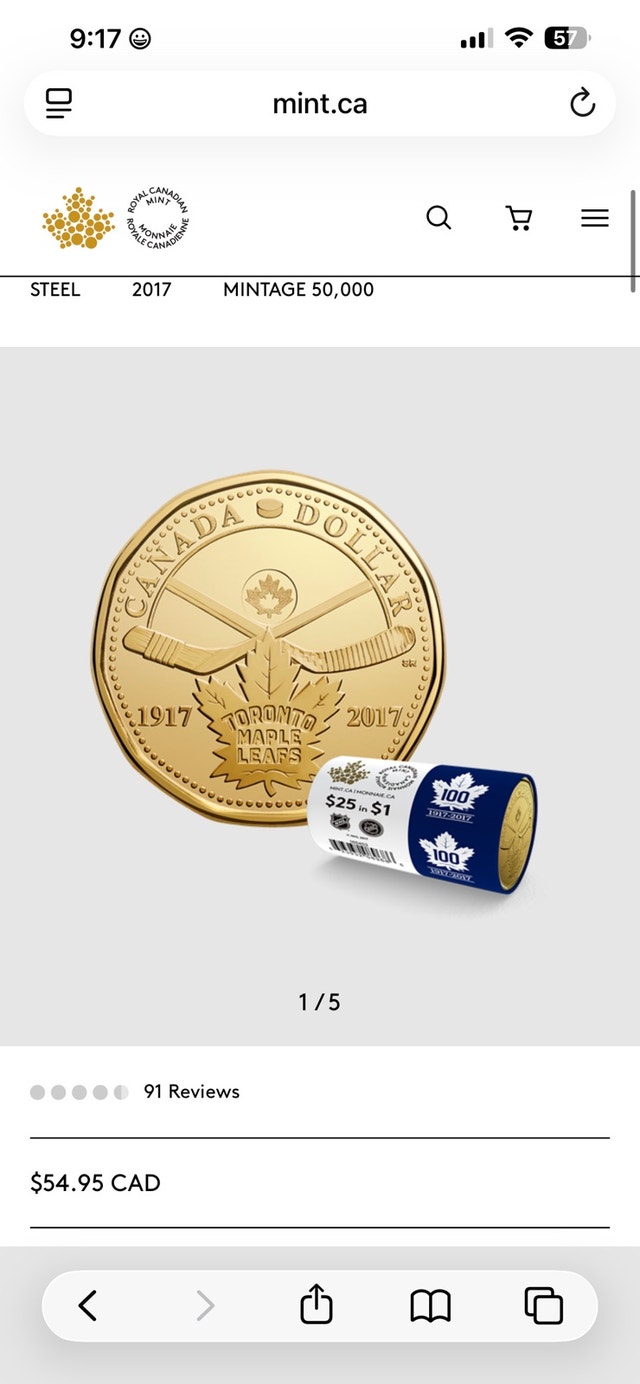 Royal Canadian Mint Toronto Maple Leaf Loonies Roll