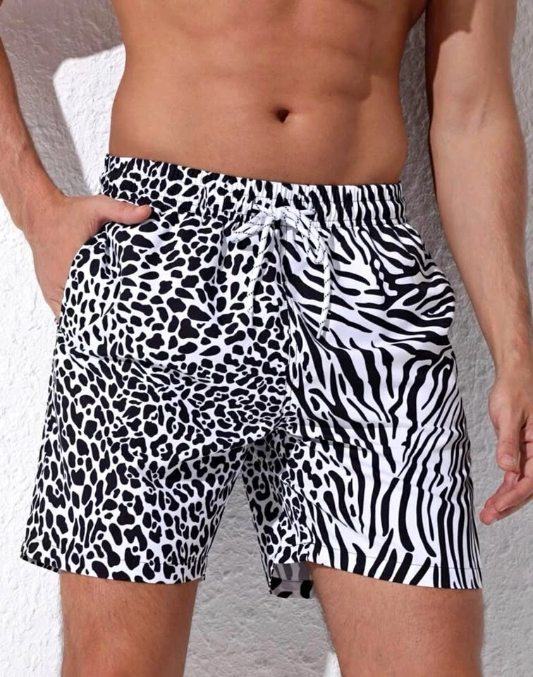Men Leopard & Zebra Striped Print Drawstring Swim Trunks