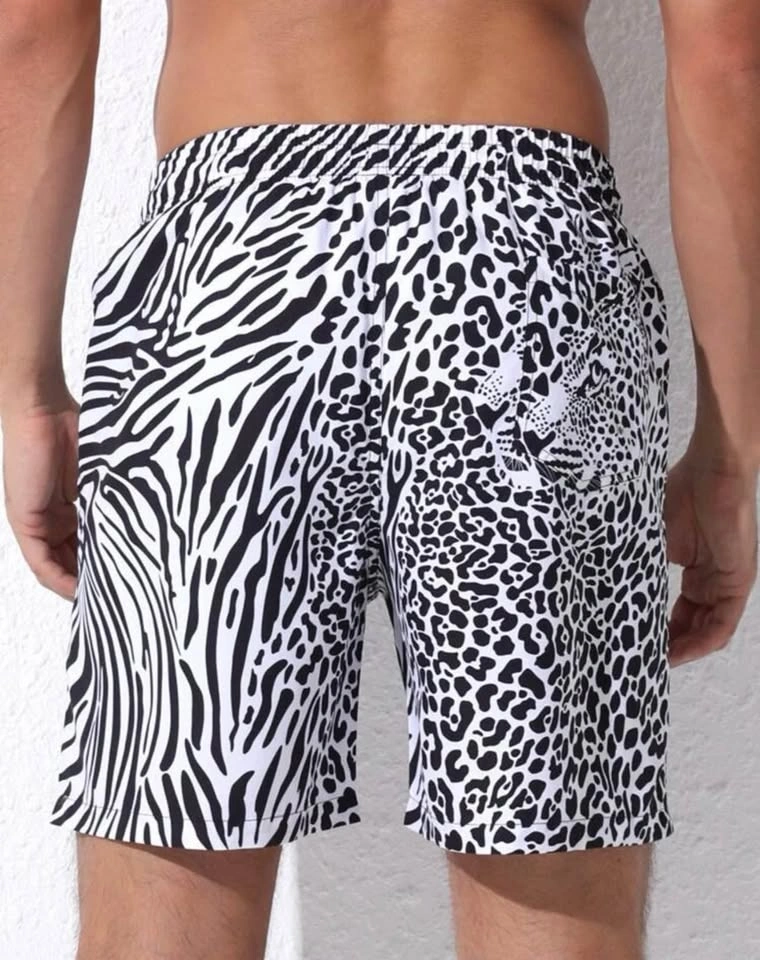 Men Leopard & Zebra Striped Print Drawstring Swim Trunks - photo 2