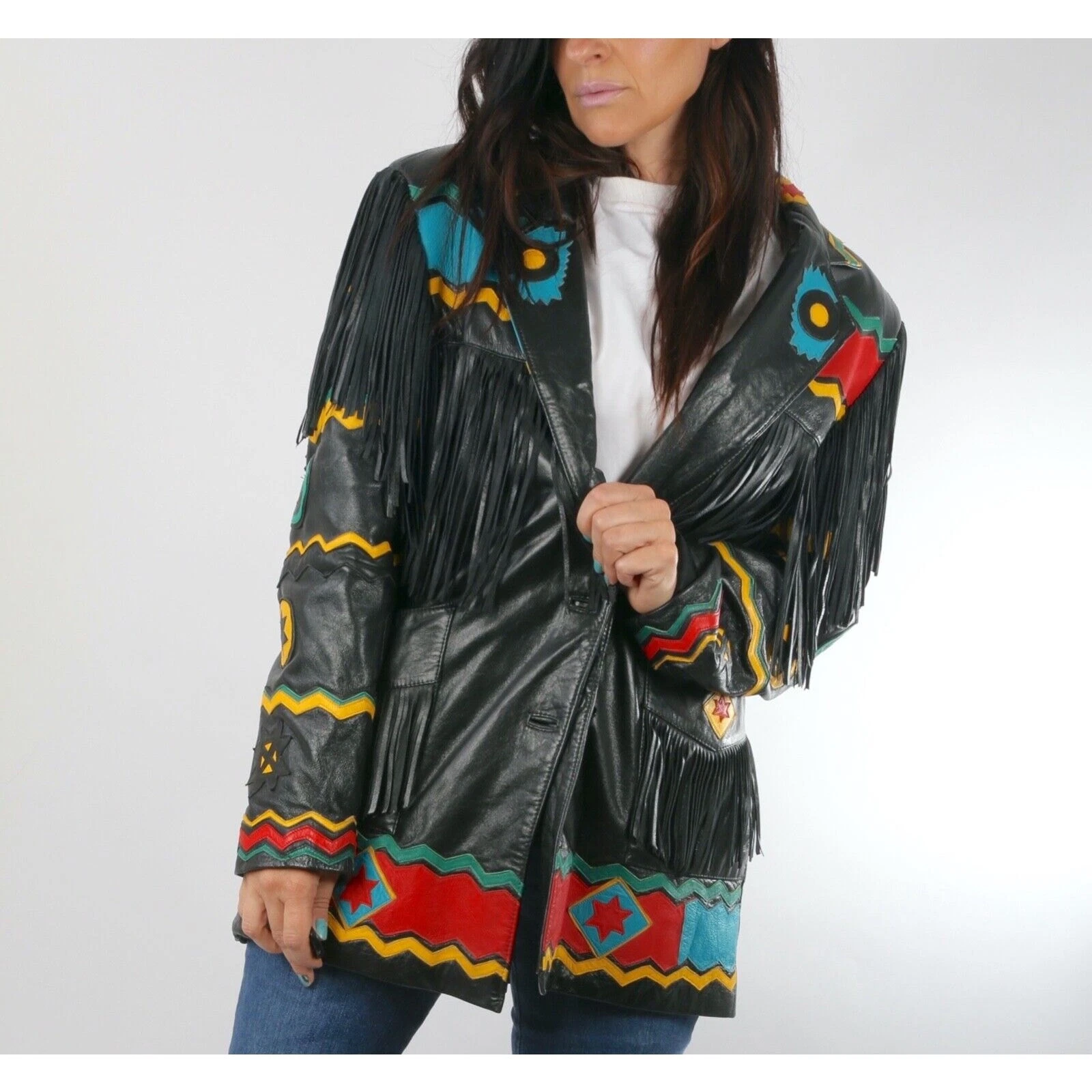 Vintage Gerunimu Leather Fringe Native American Chief Blazer Jac - photo 3