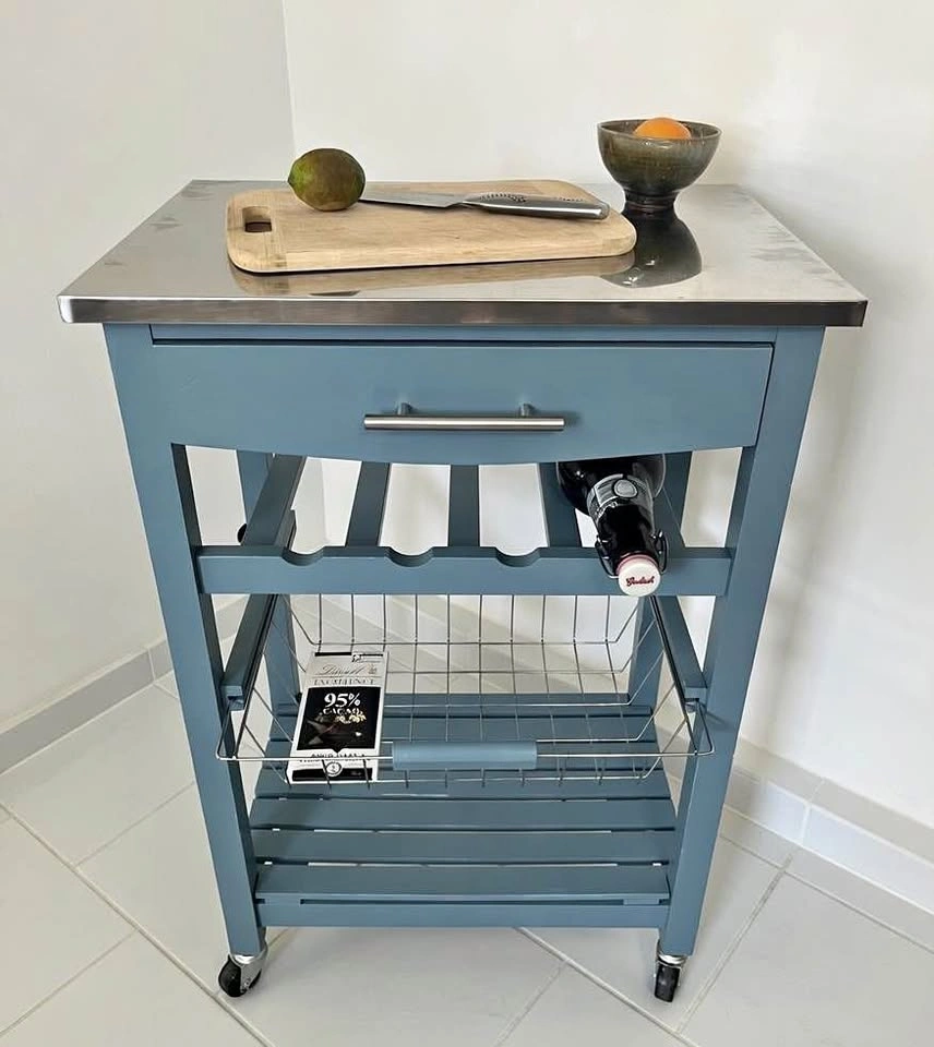 Linon Blue Kitchen Cart with Stainless Steel Top