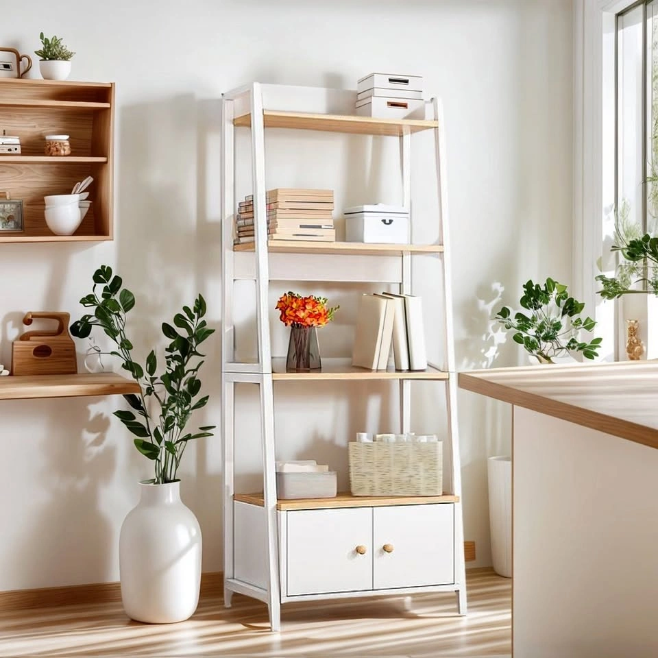 Sleek Contemporary Bookcases - White/Wood - 63x30x150cm