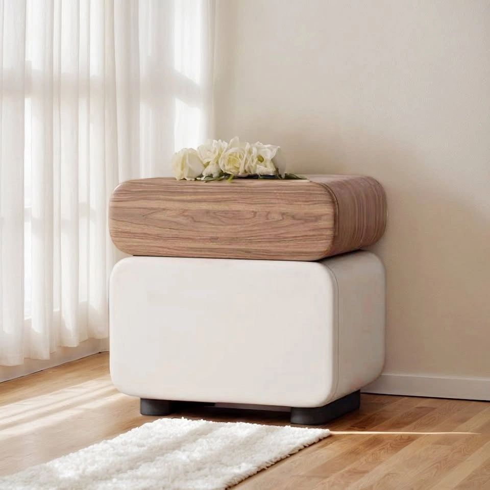 Minimalist Two-Tier Bedside Table - Cream & Walnut