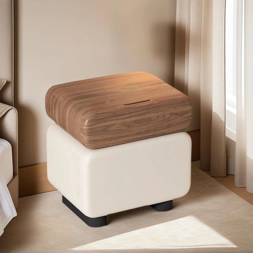 Minimalist Two-Tier Bedside Table - Cream & Walnut - photo 2
