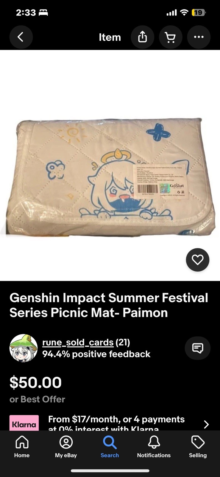 Genshin Impact Summer Festival Picnic Mat - Paimon *Rare*