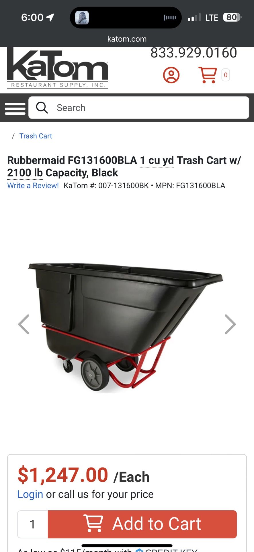 Rubbermaid FG131600BLA 1 cu yd Trash Cart w/ 2100 lb Capacity, B