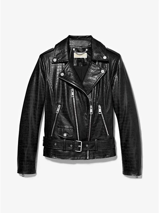 Michael Kors Croc Embossed Biker Faux Leather Jacket