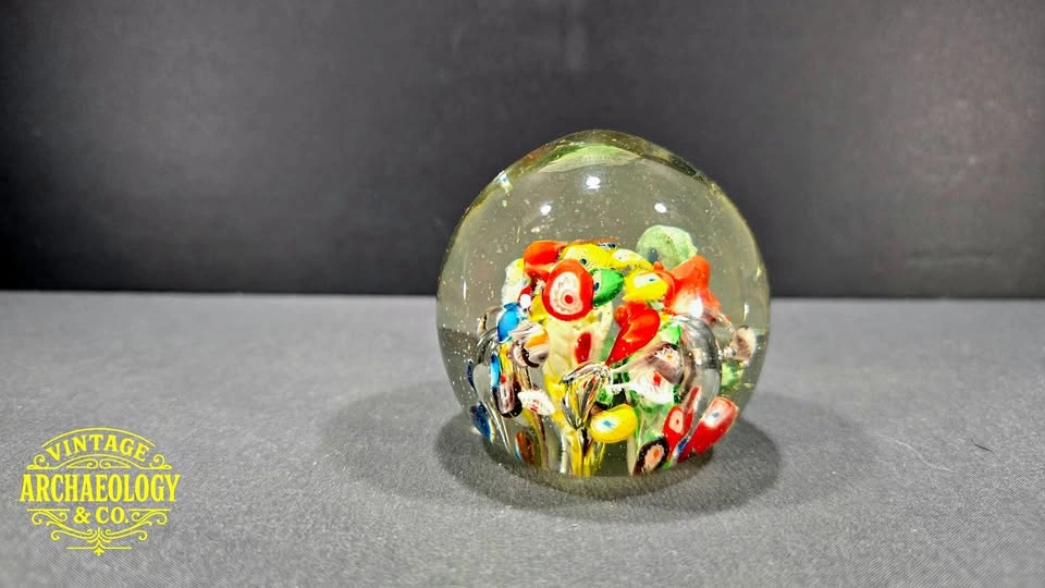 ART GLASS PAPERWEIGHT SCRAMBLED MILLEFIORI