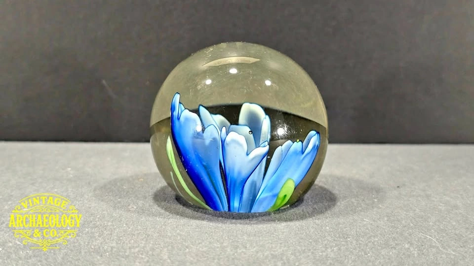 ART GLASS PAPERWEIGHT BLUE FLOWER IMPLOSION