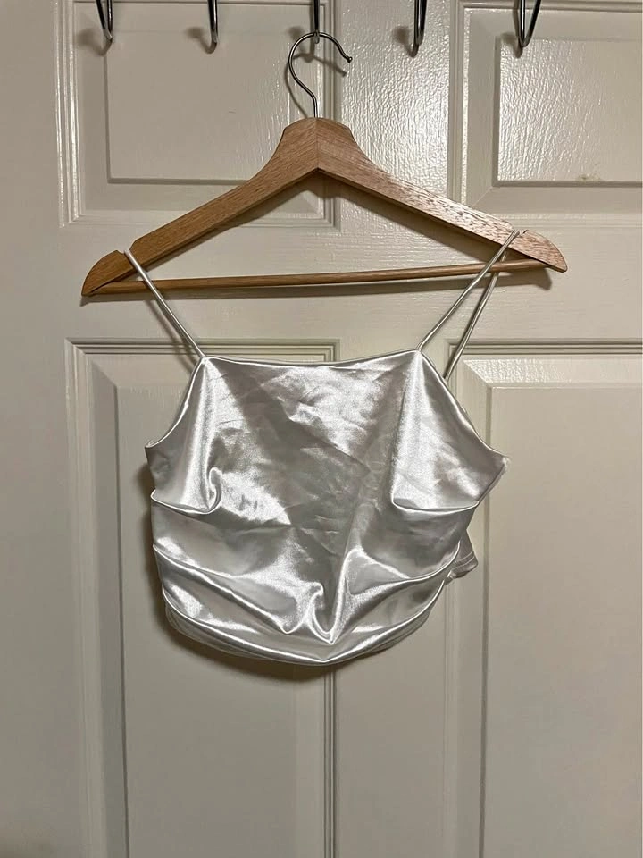 White Satin Spaghetti Strap Crop Top