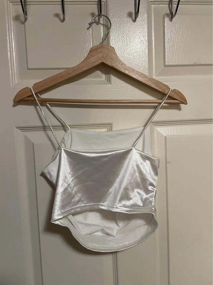 White Satin Spaghetti Strap Crop Top - photo 2