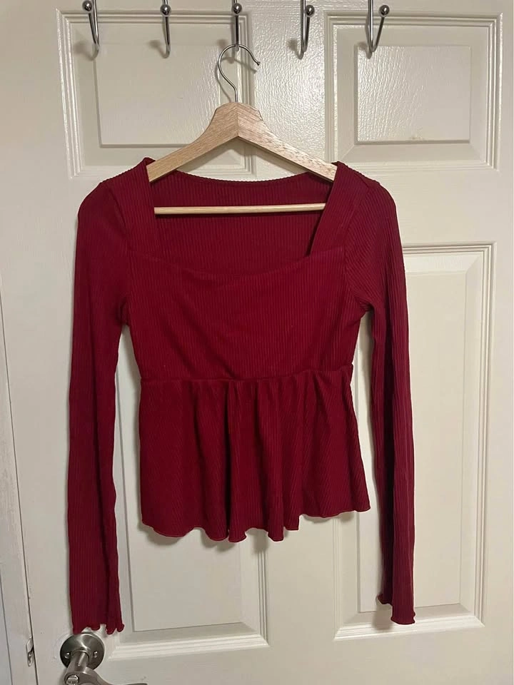 Dark Red Ribbed Square Neck Peplum Top size S