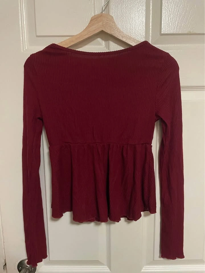 Dark Red Ribbed Square Neck Peplum Top size S - photo 2