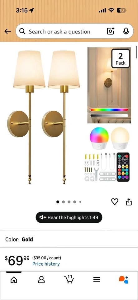 Brightown Battery Operated Wall Sconces Set of 2