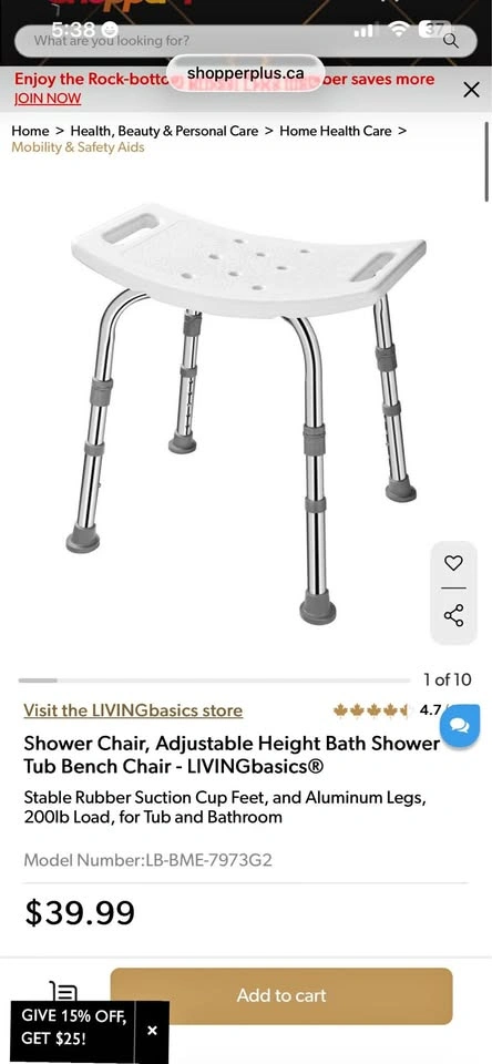 LIVINGbasics Adjustable Height Shower Chair