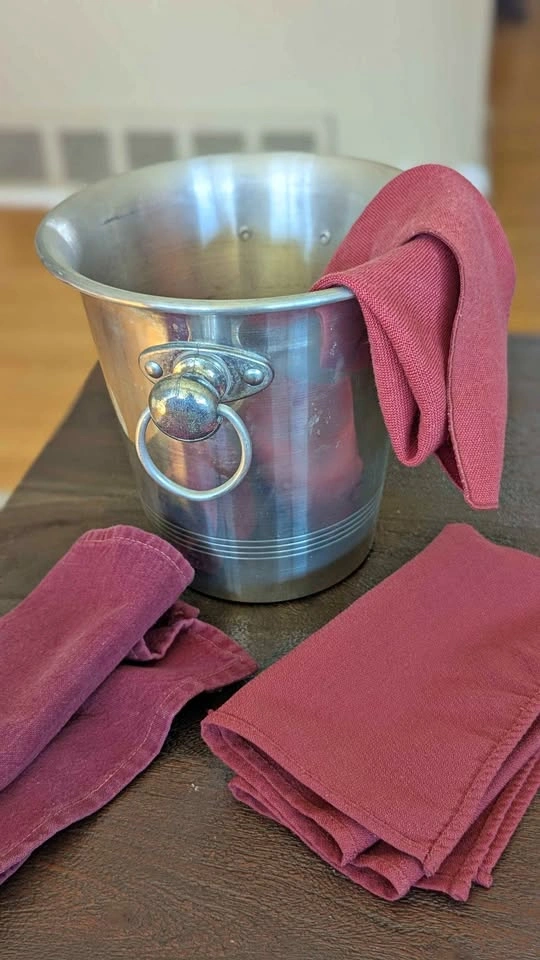 Vintage French-Style Aluminum Ice Bucket + Burgundy Cloth Napkin