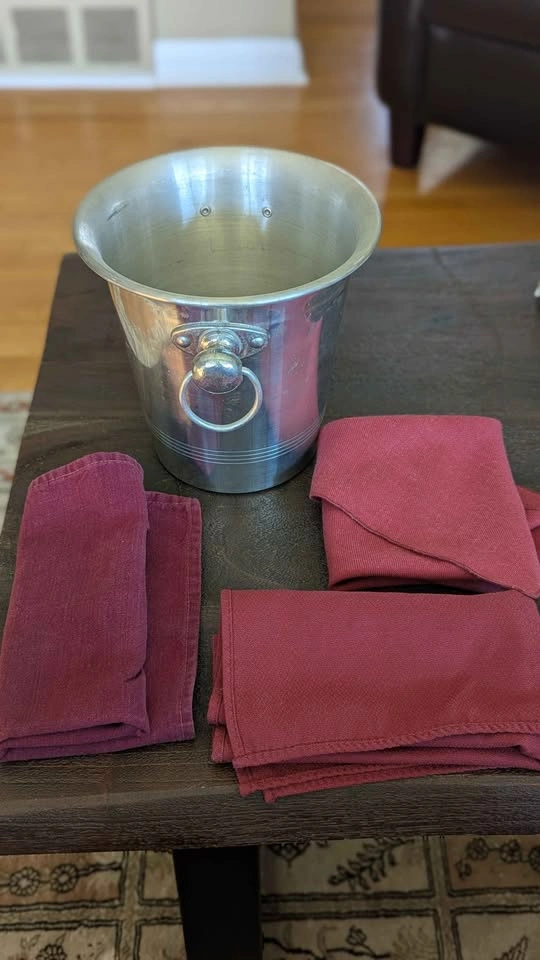 Vintage French-Style Aluminum Ice Bucket + Burgundy Cloth Napkin - photo 2