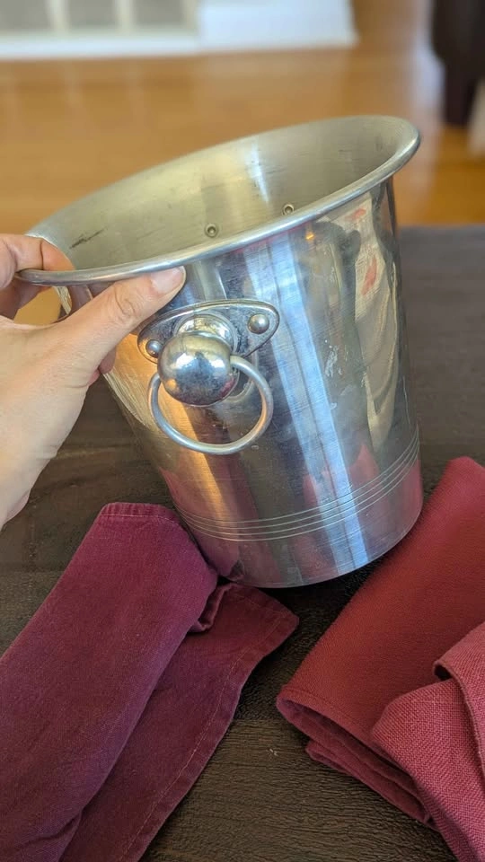 Vintage French-Style Aluminum Ice Bucket + Burgundy Cloth Napkin - photo 3
