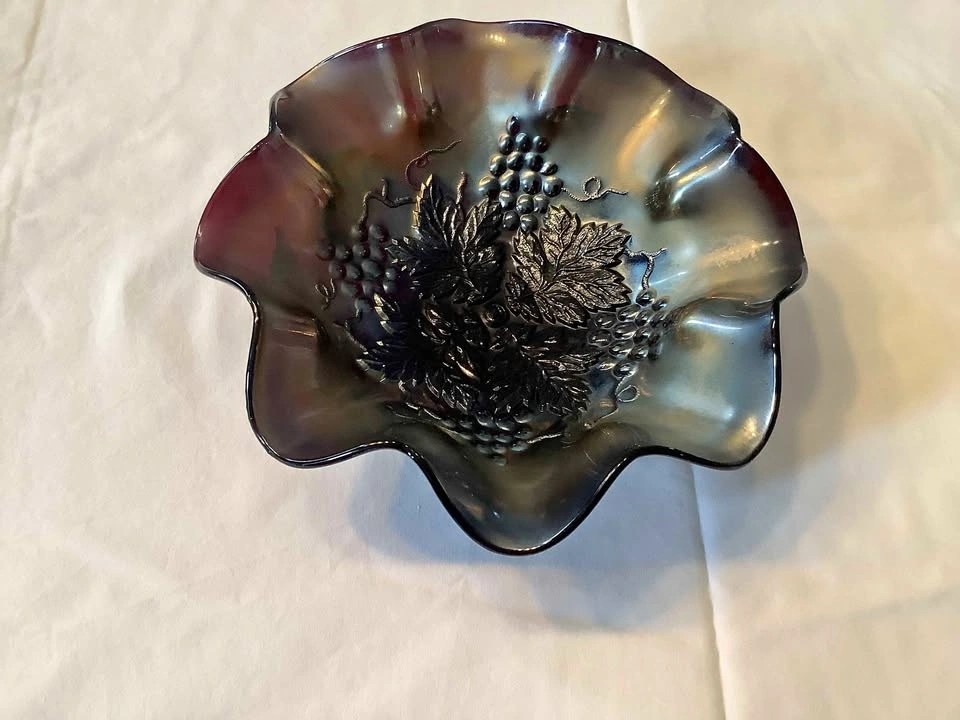 Antique Carnival Glass Grape & Cable Bowl - Amethyst Iridescent