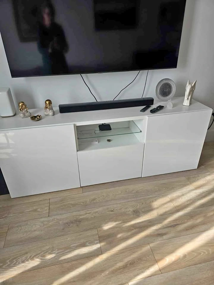 Samsung TV, Sound Bar, and IKEA TV Stand