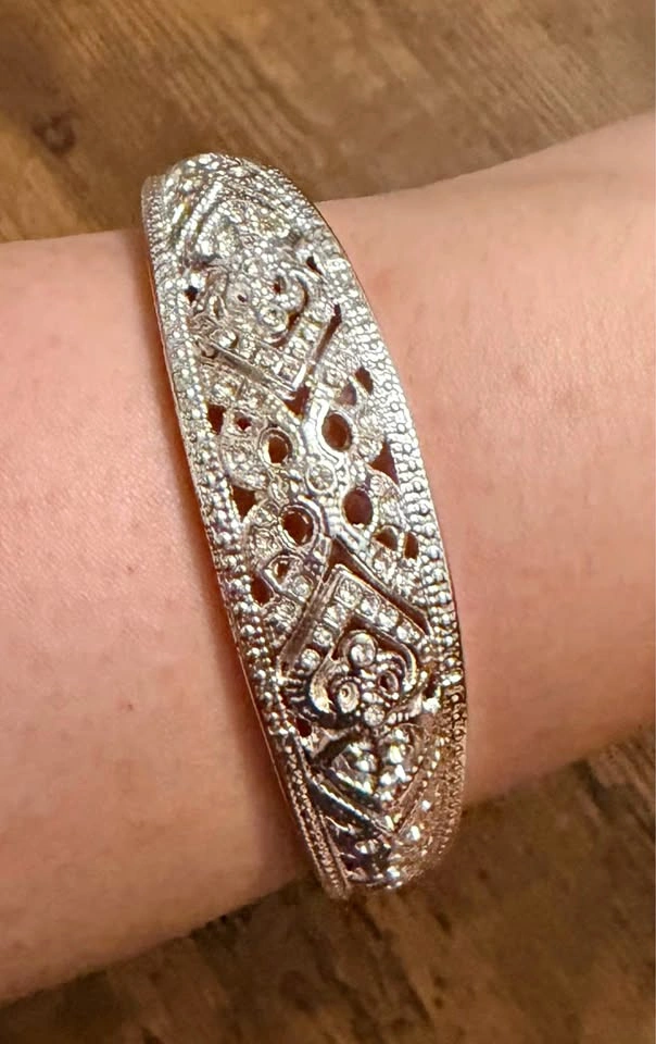Sparkly Silver Tone Ornate Bangle Bracelet