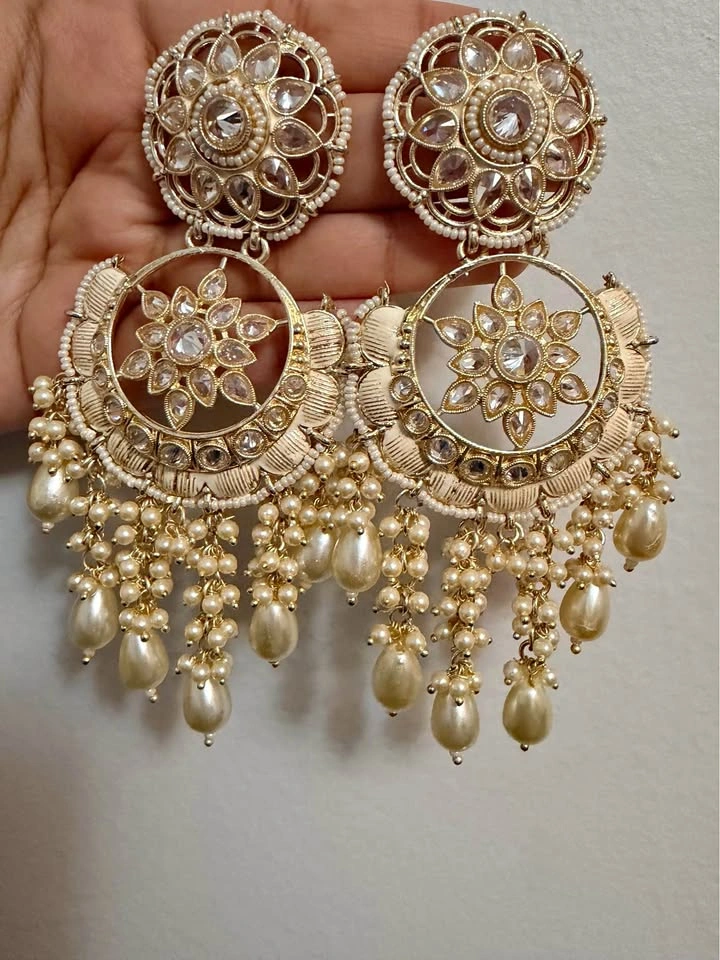 Gold-Tone Kundan Chandbali Earrings with Pearl Drops
