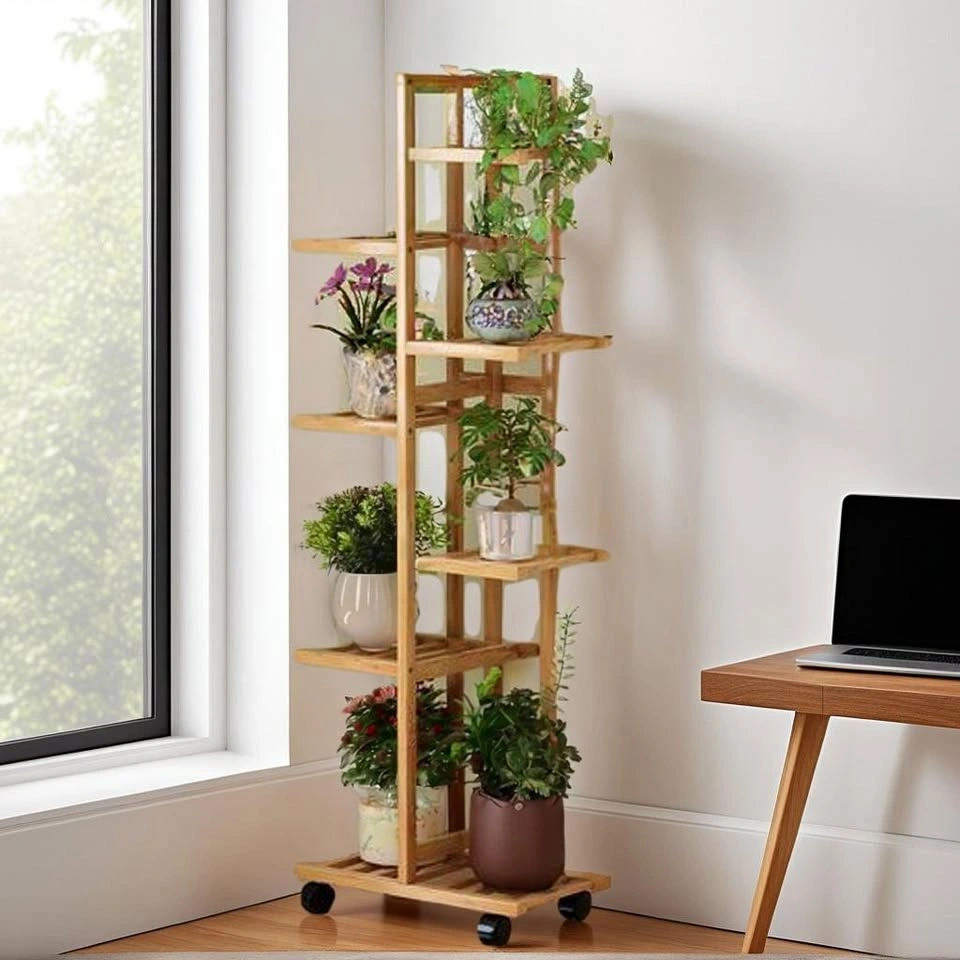 PS045 A2357 Tall Bamboo Planter Rack with Rolling Base