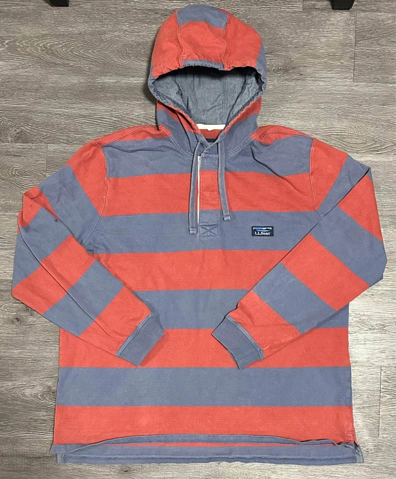 LL Bean Lakewashed Rugby Hoodie Shirt Men XL Henley Striped - photo 3