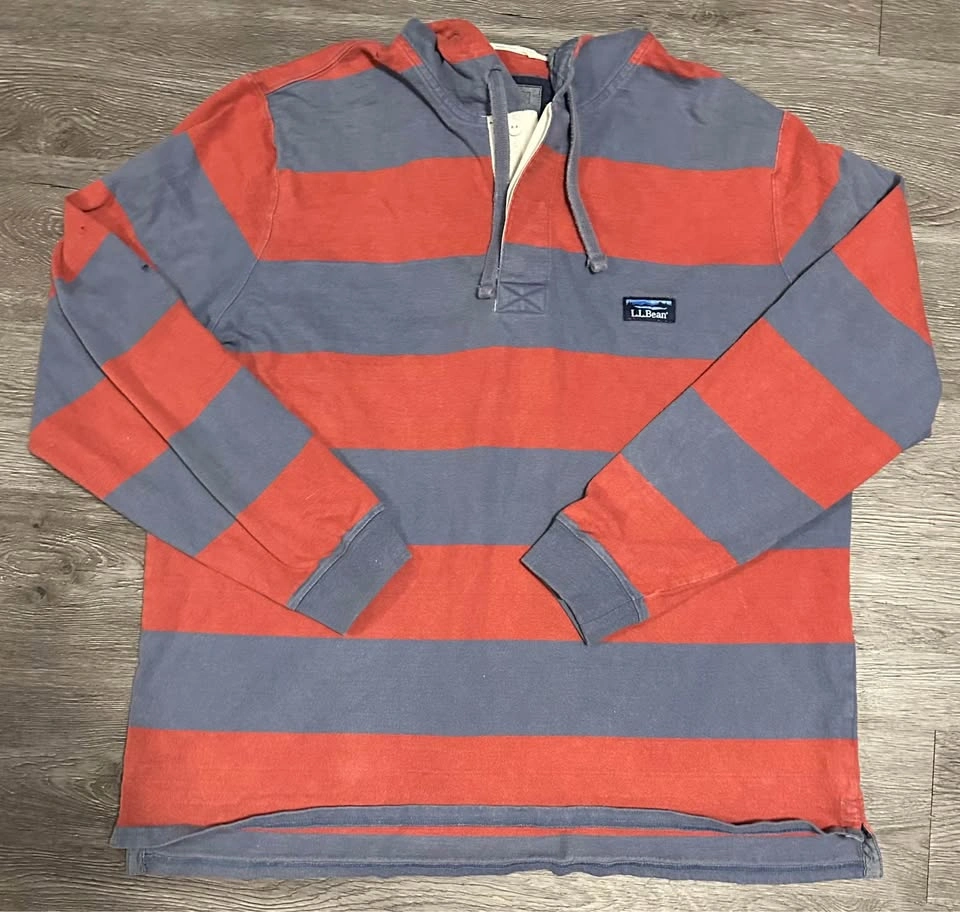 LL Bean Lakewashed Rugby Hoodie Shirt Men XL Henley Striped - photo 4