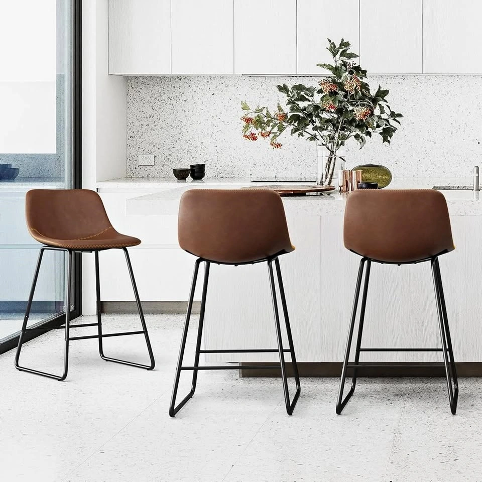 Set of 3 Industrial Counter Stools (24") | Brown Faux Leather