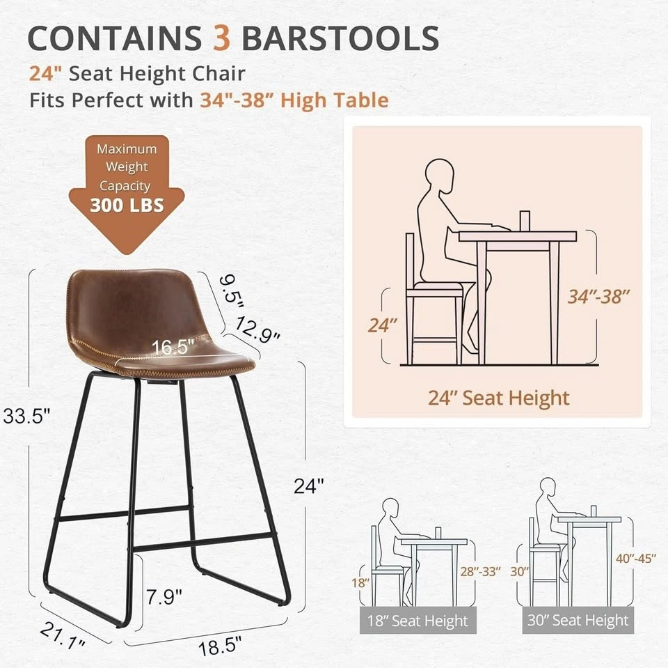 Set of 3 Industrial Counter Stools (24") | Brown Faux Leather - photo 3