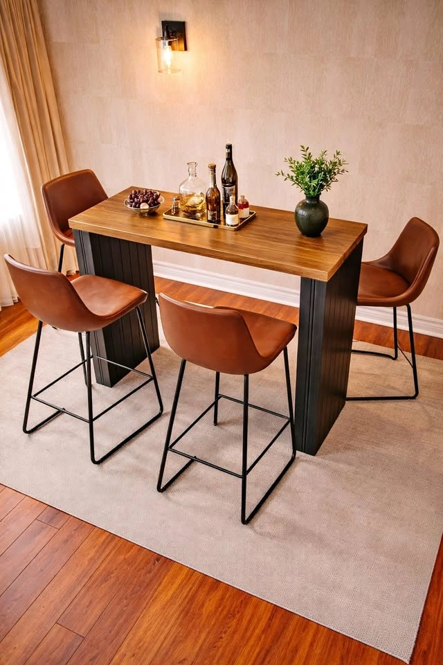 Modern Bar Table Set – Faux Marble + 4 Leather Stools | NEW in B