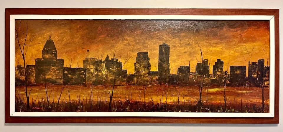 Mid Century Modern Industrial Landscape Painting by A. Klemp
