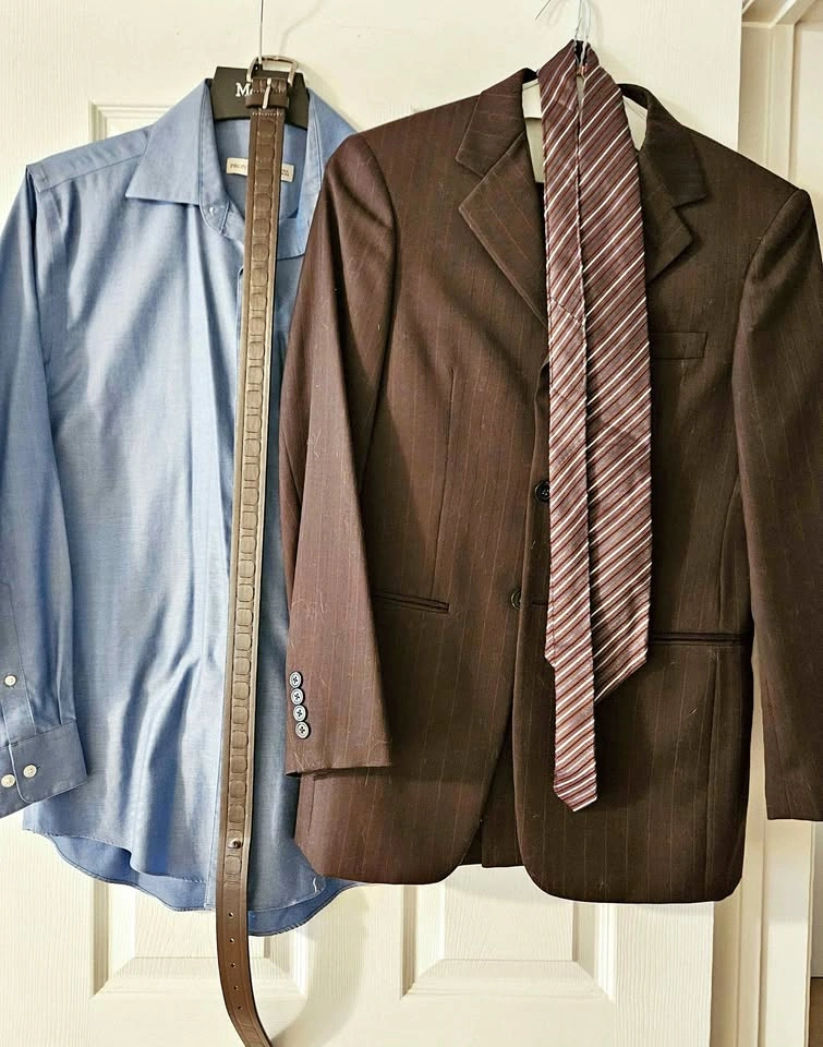 Young Men's Brown Pinstripe Suit, Shirt, Tie & Belt