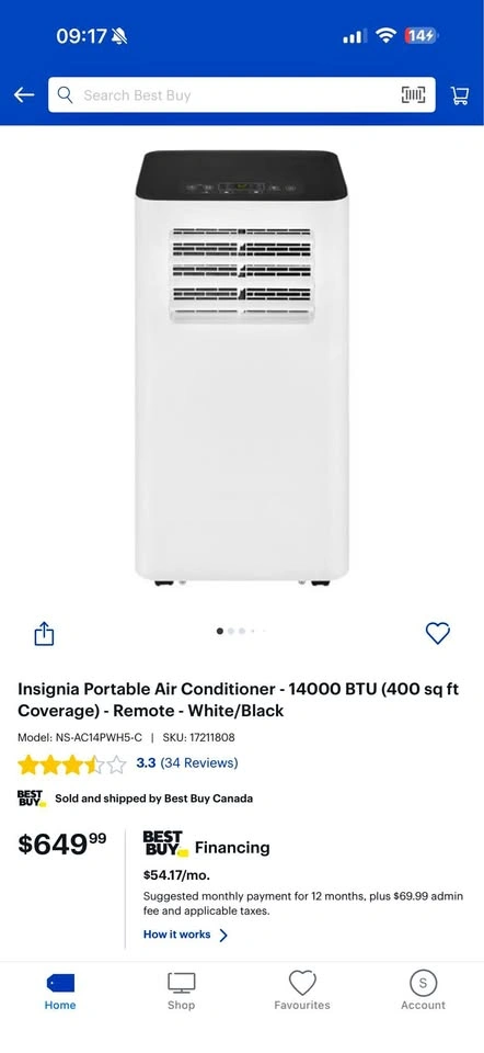 Insignia Portable Air Conditioner 14000 BTU
