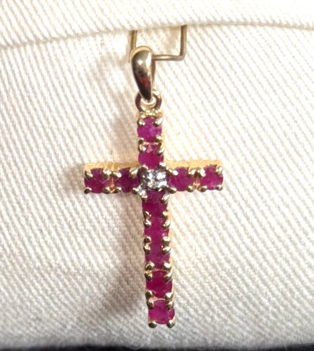 10K Yellow Gold Ruby & Diamond Cross Pendant - New!