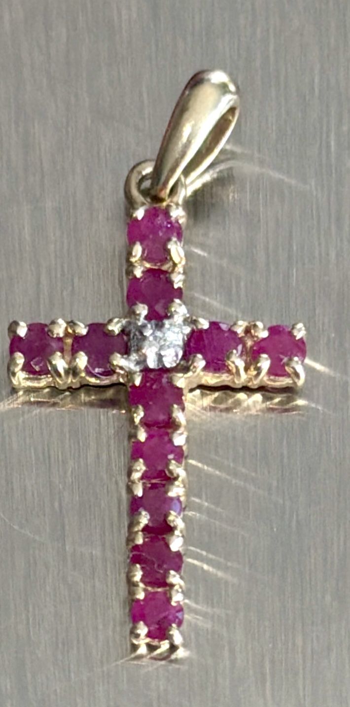 10K Yellow Gold Ruby & Diamond Cross Pendant - New! - photo 2