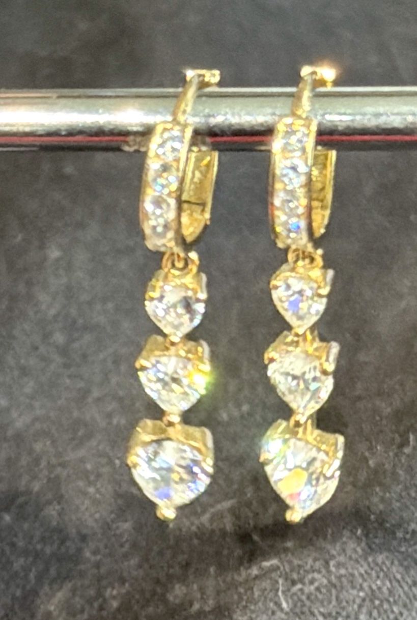 14K Yellow Gold CZ Huggie Hoop Dangle Earrings